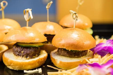Mini burger sliders close up Stock Photos