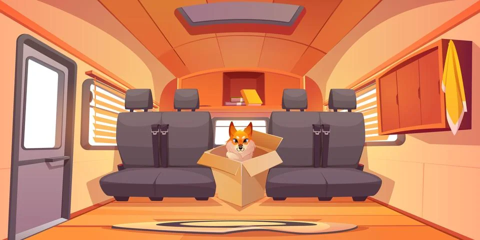 Mini bus or camper van interior with fox in box Stock Illustration