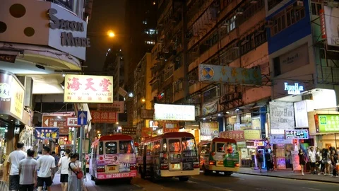 Mini buses, Neon-lighted Mong Kok, Hong Kong Stock-Footage 108379460