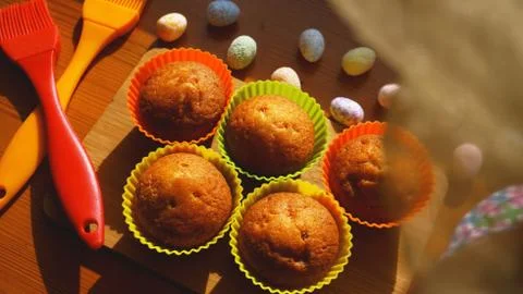 Mini Cakes Decorated with Eggs, Easter Dessert Stock Photos