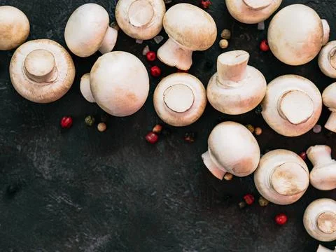 Mini champignons on black background, copy space Stock-Fotos