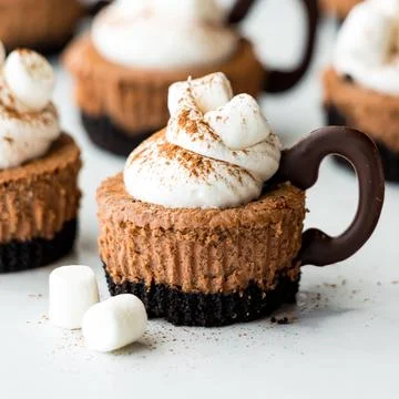 A mini cheesecake in the shape of a hot cup of cocoa with whip cream. Stock Photos