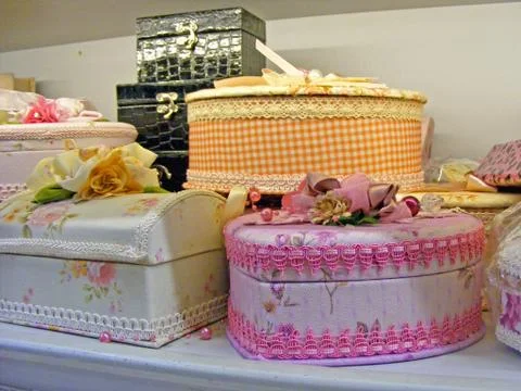 Mini chests of drawers decoupaged in shop Stock Photos