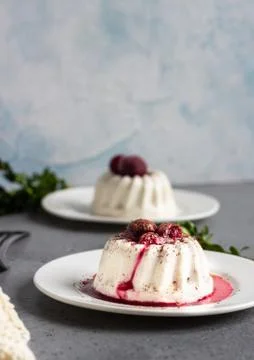 Mini chocolate cheesecake with raspberry sauce and mint. Stock Photos