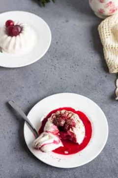 Mini chocolate cheesecake with raspberry sauce and mint. Stock Photos