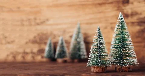 Mini christmas tree wood on rustic wooden table Stock-Fotos
