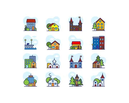 Mini City Set Building line icon set. Building and estate linear collection Stock Illustration