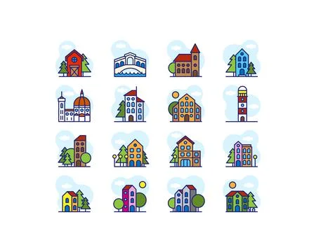 Mini City Set Building line icon set. Building and estate linear collection Stock Illustration