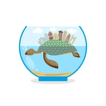 Mini city on shell of turtle. Micro ecosystem in an aquarium. Skyscrapers and Stock Illustration