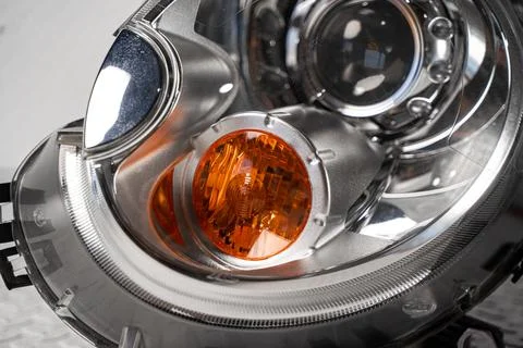 MINI Cooper round headlight lens close up Foto stock