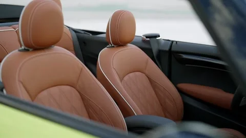 MINI Cooper S Convertible interior view with restyled brown leather front and Stock Footage 261247553