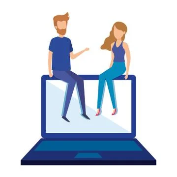 Mini couple sitting in laptop computer Stockillustratie