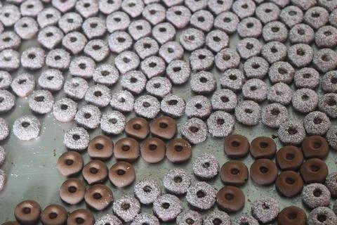 Mini donuts covered with grated coconut and chocolate flavor on a tray Stock Photos