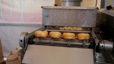 Mini Donuts roll out of machine on conveyor Stock Footage 113086937
