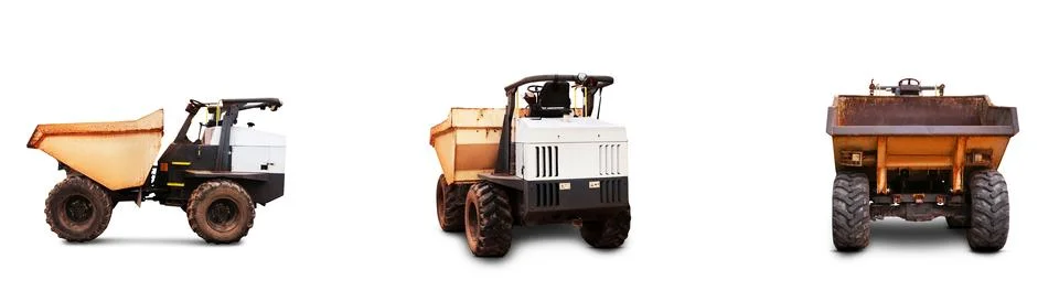 Mini dump truck displayed from multiple angles, featuring a yellow and blac.. Stock Photos