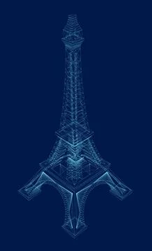 Mini Eiffel Tower wireframe. Isometric view. Eiffel tower isolated on blue 스톡 일러스트