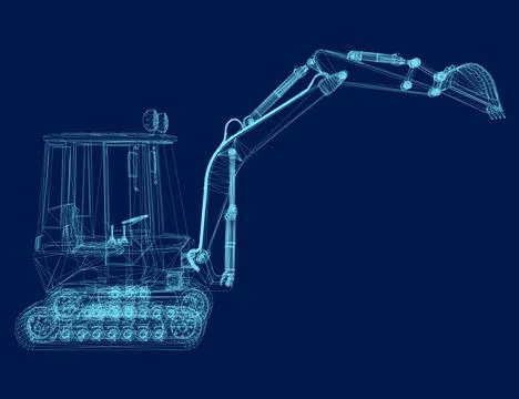 Mini Excavator 3d wireframe template vector. Heavy equipment logo vector for Stock Illustration