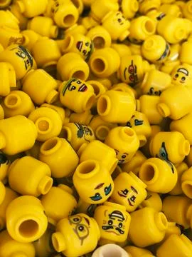 Mini figures Lego with different prints and designs, different facial Stock Photos