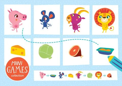 Mini games collections. Feed the animals. Illustrazione stock