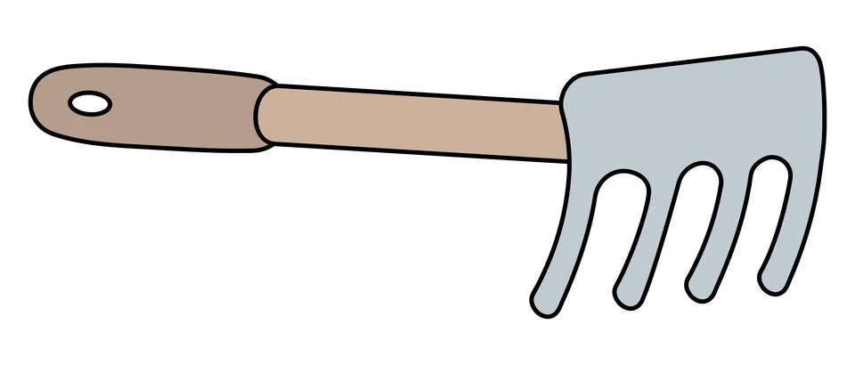 Mini garden rake for loosening soil and removing weeds with a wooden handle. Illustration