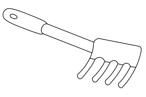 Mini garden rake. Sketch. A tool for loosening the ground, removing weeds. Stock Illustration