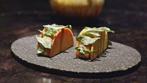 Mini Gourmet Tacos with Leaf Garnish 스톡 동영상 314347318