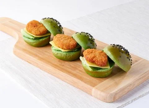 Mini Impossible Chicken Nuggets Matcha Burgers Green Buns, Crispy Nuggets a.. Stock Photos