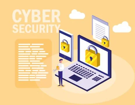 Mini man with electronics devices and cyber security Stock-Illustration