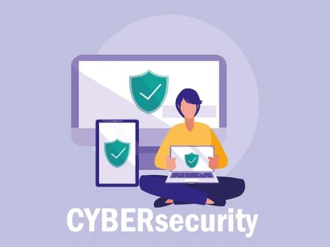 Mini man with set devices electronics and shields Stock Illustration