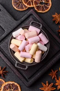 Mini marshmallows in white, pink, and pastel colors. Marshmallows as a food.. Stock Photos