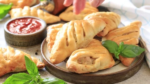 Mini meat pies with chicken from puff pastry dough. Stock Footage 245061267