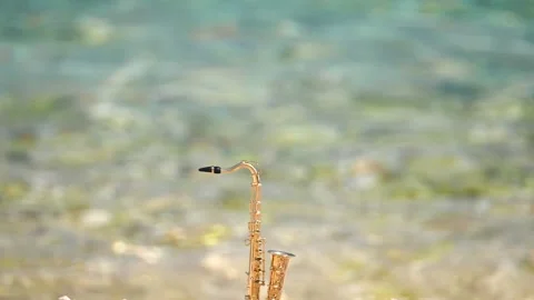 Mini model of real alt tenor saxophone stands white small pebbles on seashore Stock Footage 139068651