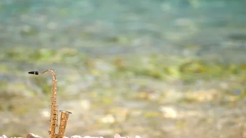 Mini model of real alt tenor saxophone stands white small pebbles on seashore Stock Footage 139073312