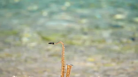 Mini model of real alt tenor saxophone stands white small pebbles on seashore Stock Footage 139073445