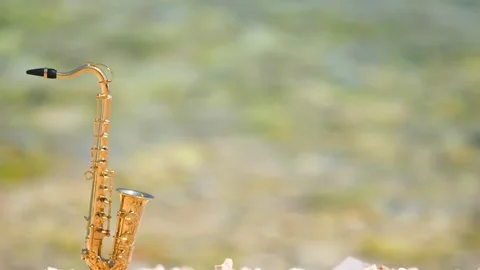 Mini model of real alt tenor saxophone stands white small pebbles on seashore Stock Footage 139074025