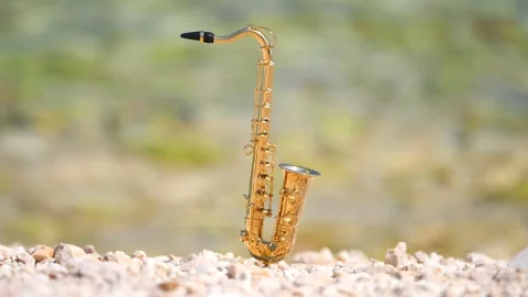 Mini model of real alt tenor saxophone stands white small pebbles on seashore Stock Footage 139074161