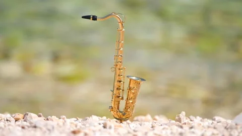 Mini model of real alt tenor saxophone stands white small pebbles on seashore Stock Footage 139074316