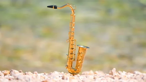 Mini model of real alt tenor saxophone stands on white small pebbles on seashore Stock Footage 147919776