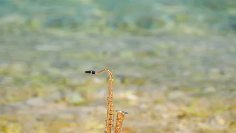 Mini model of real alt tenor saxophone stands on white small pebbles on seashore Stock Footage 147920596