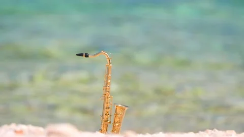 Mini model of real alt tenor saxophone stands white small pebbles on seashore Stock Footage 147921202