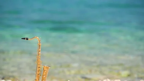 Mini model of real alt tenor saxophone stands white small pebbles on seashore Stock Footage 147921542