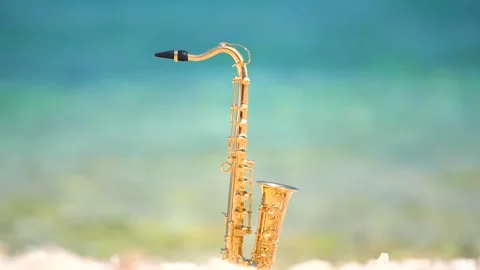 Mini model of real alt tenor saxophone stands white small pebbles on seashore Stock Footage 147925153