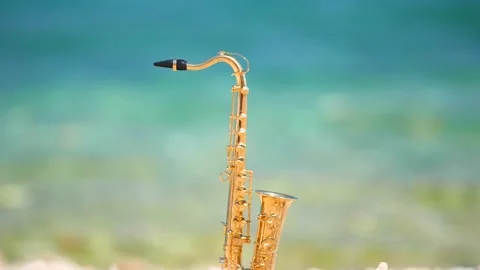 Mini model of real alt tenor saxophone stands white small pebbles on seashore Stock Footage 147925662