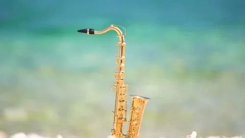 Mini model of real alt tenor saxophone stands white small pebbles on seashore Stock Footage 147926158