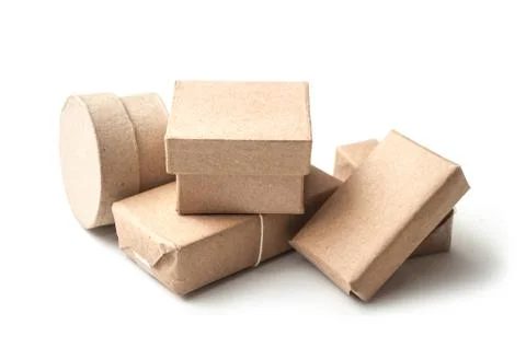 Mini paper box stack on white background Stockfoto's