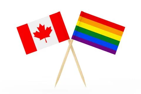 Mini Paper LGBT Rainbow Pointer Flag with Canadian Flag. 3d Rendering Illustrazione stock