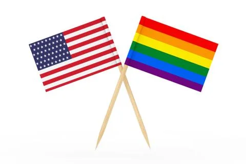 Mini Paper LGBT Rainbow Pointer Flag with USA Flag. 3d Rendering Stock Illustration