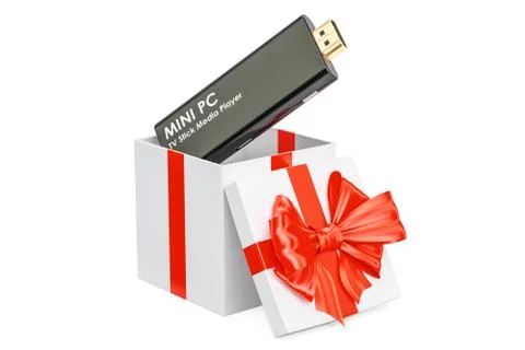 Mini PC TV Dongle Stick inside gift box, gift concept. 3D rendering Illustrazione stock