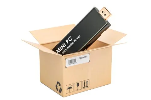Mini PC TV Dongle Stick inside parcel, delivery concept. 3D rendering Stock Illustration