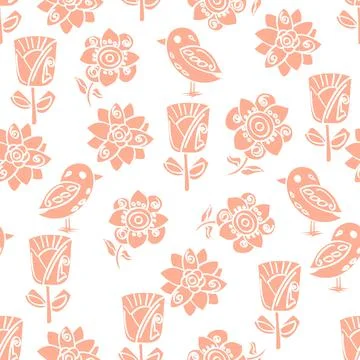 Mini Peach Spring Floral Pattern With Birds Stock Illustration